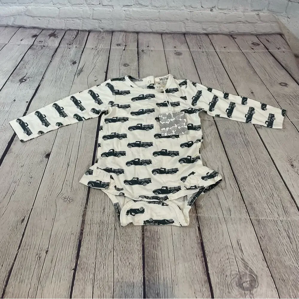 Kate Quinn Truck Pattern Bamboo Ruffle Trim Bodysuit